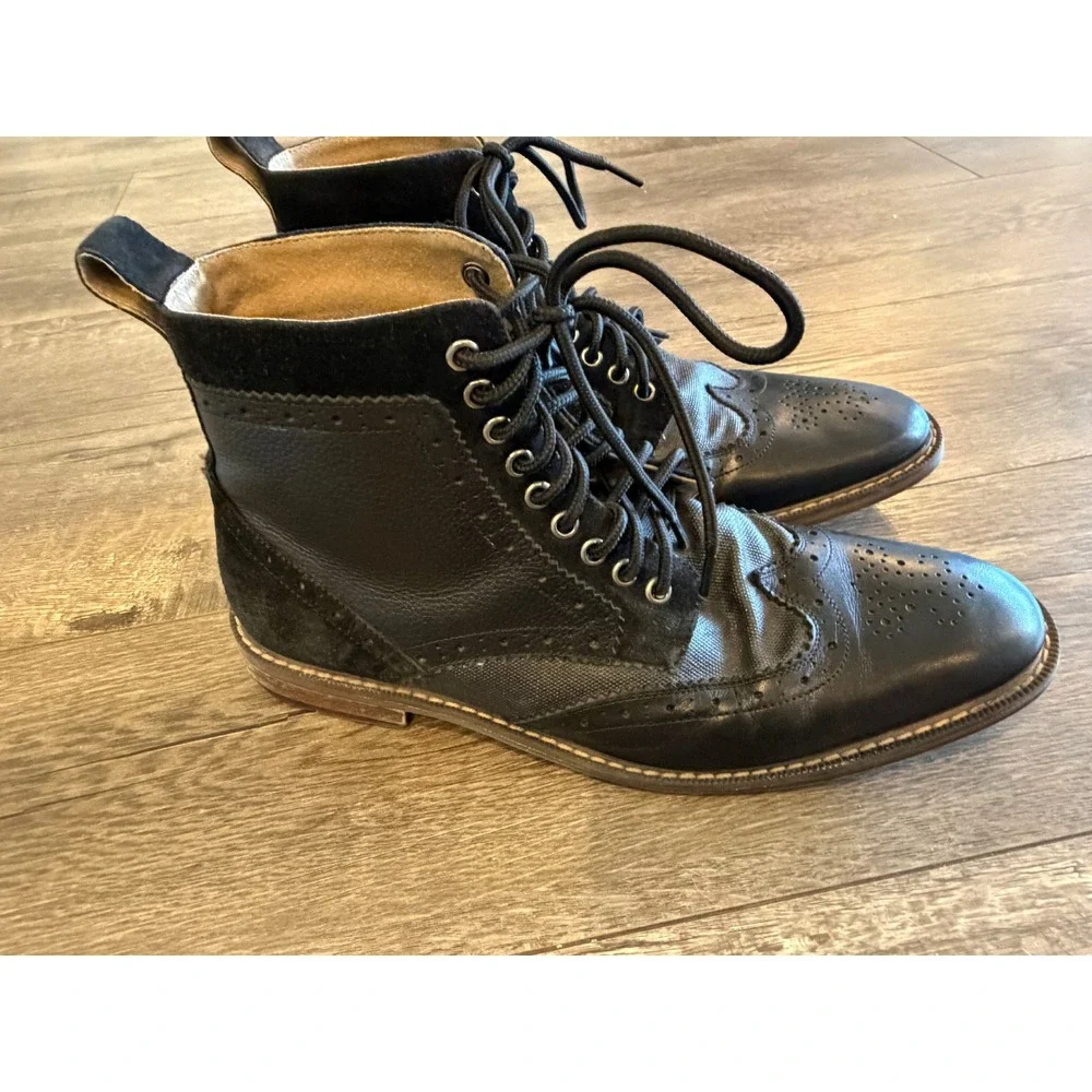 Stacy Adams Black Leather Wingtip Brogue Lace Up‎ Dress Boots Mixed Media Mens